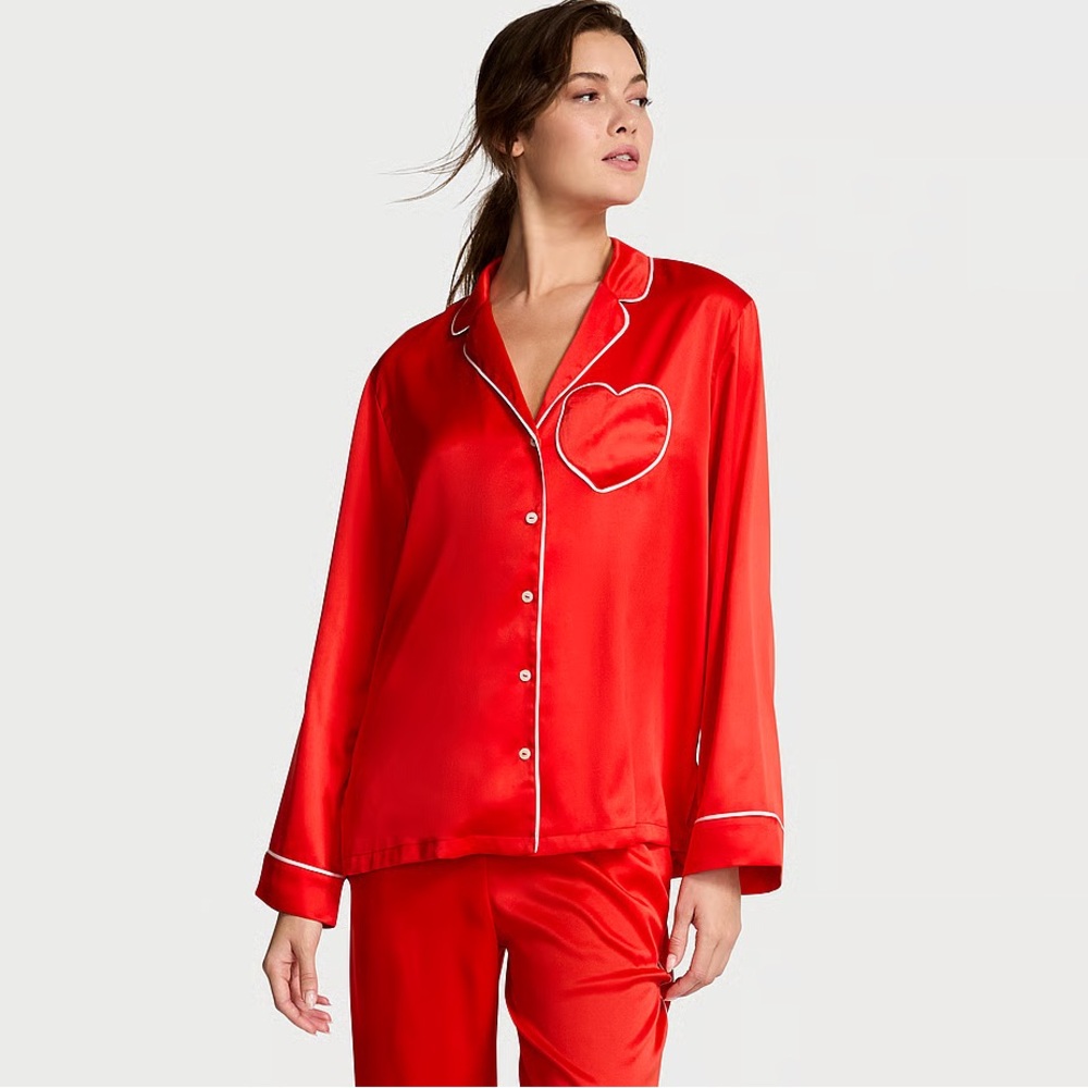 NWT VICTORIA'S SECRET Glazed Satin Heart Logo Long Pajama Set